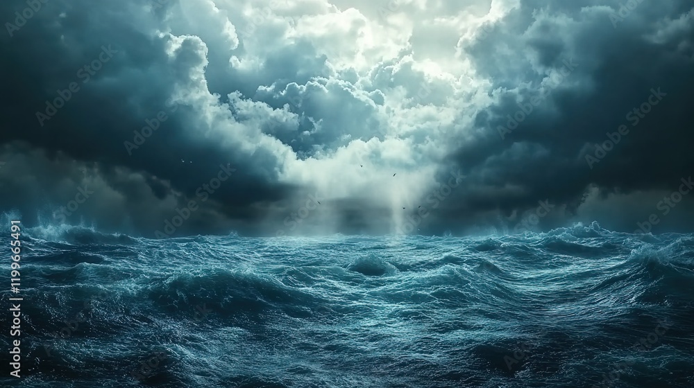 Realistic photo of a stormy sea with dark clouds and rays of light shining through, symbolizing the end times. Realistic photo of a stormy sea with dark clouds and rays of light shining through, symbolizing the end times.