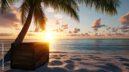 Fototapeta Naklejka Na Ścianę i Meble -  Sunset Treasure Hunt: Wooden Crate on Tropical Beach