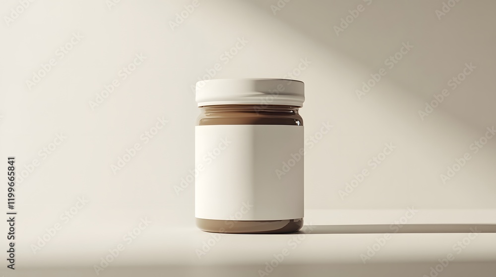 Blank mockup template of a packaging label on a cylindrical plastic jar, with minimalistic lighting and soft shadows. Blank mockup template of a packaging label on a cylindrical plastic jar, with minimalistic lighting and soft shadows.