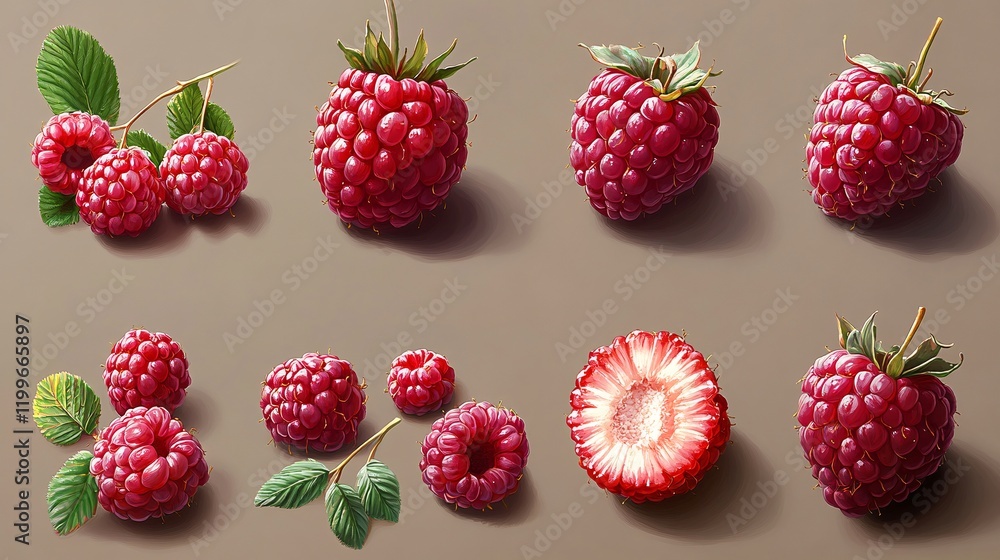 12 realistic raspberry illustrations in different poses: whole, halved, sliced, and with leaves, perfect for vibrant fruit graphics. 12 realistic raspberry illustrations in different poses: whole, halved, sliced, and with leaves, perfect for vibrant fruit graphics.