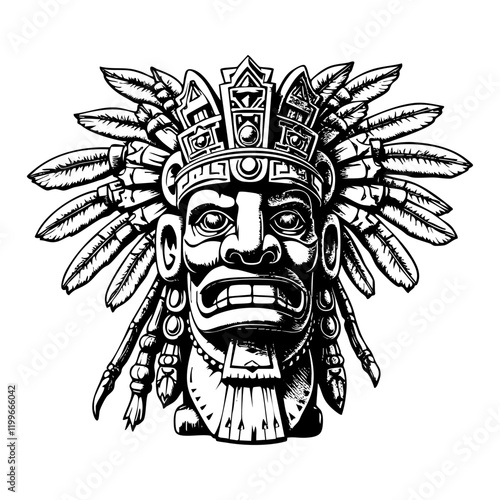 Mayan ancient statue engraving black and white outline. Scratch board imitation.
