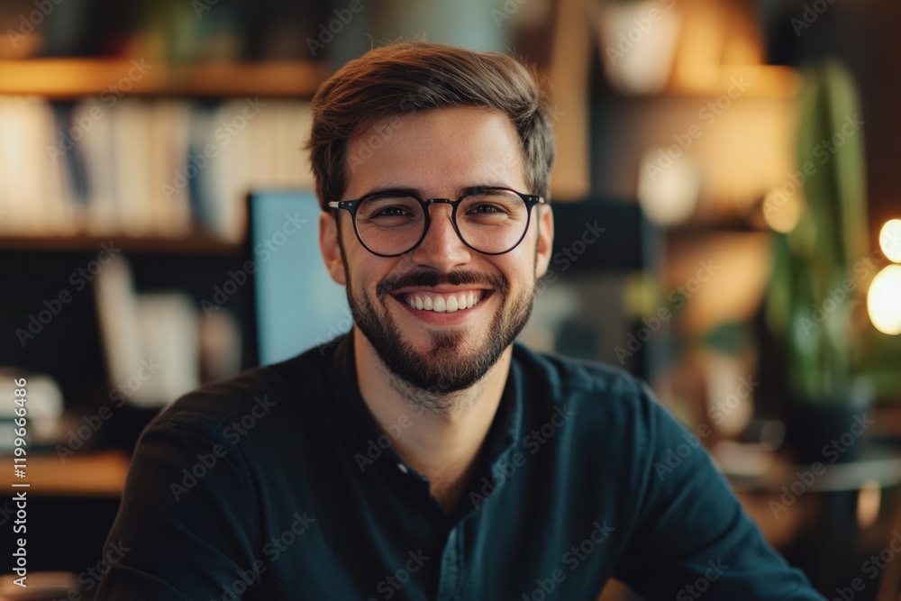Smiling young man in glasses and a professional office environment. Smiling young man in glasses and a professional office environment.
