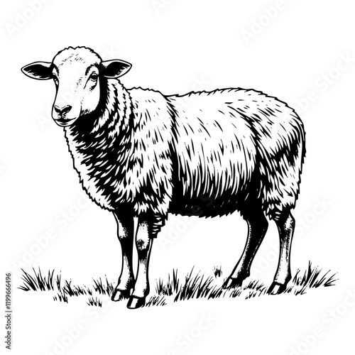 Sheep on farm field engraving black and white outline. Scratch board imitation.  illustrated in vintage line art style on a white background.
