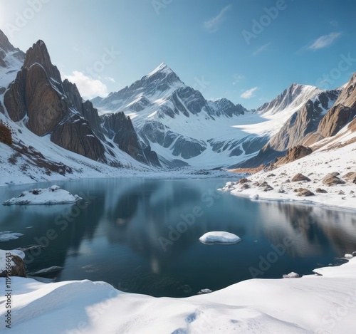 A snow-covered mountain with a frozen lake at the bottom , snow-covered mountain, crystal clear photo