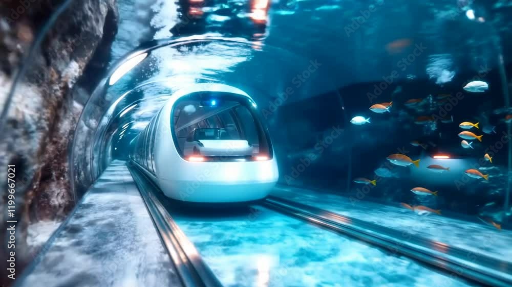 Subway train underwater tunnel. Modern futuristic concept. Moving footage. For background, design, presentation.