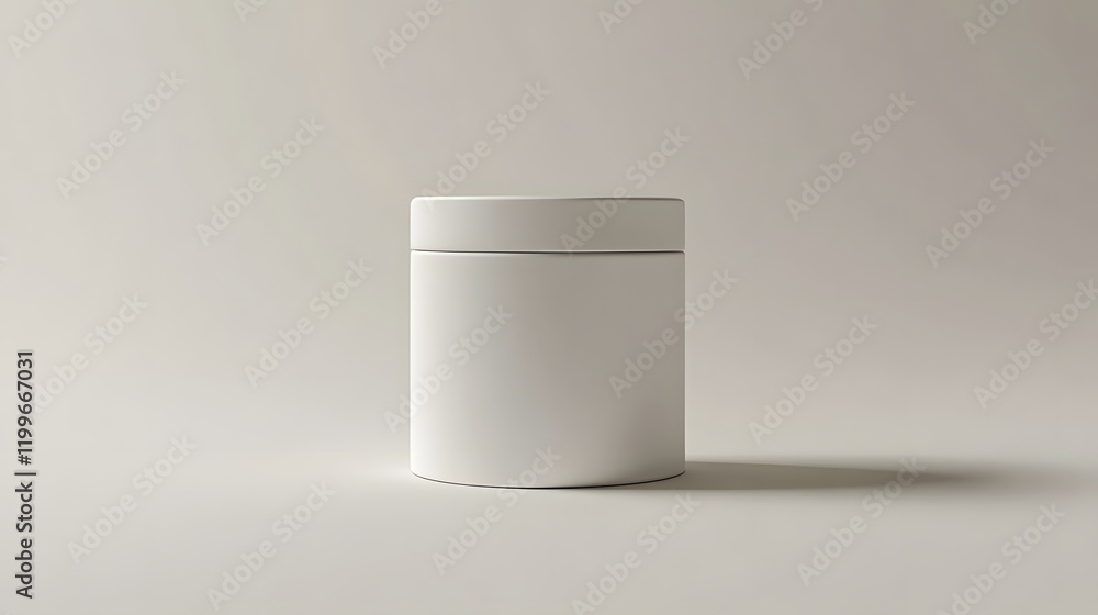 Blank mockup template of a packaging label on a cylindrical ceramic container, with minimal lighting and soft shadows.