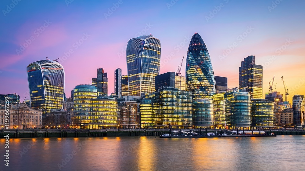 Naklejka premium London Cityscape Evening Skyscrapers River Reflection