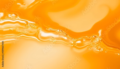 Close-up view of a silky smooth orange liquid with subtle waves and ripples, creating an abstract background texture ideal for cosmetic and beauty product advertising.  The vibrant color and glistenin