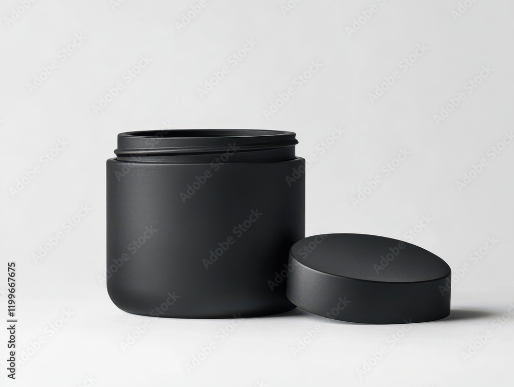 A modern cosmetic jar, matte black with a textured finish, open with the lid placed beside it. Highlighting the clean cylindrical shape A modern cosmetic jar, matte black with a textured finish, open with the lid placed beside it. Highlighting the clean cylindrical shape