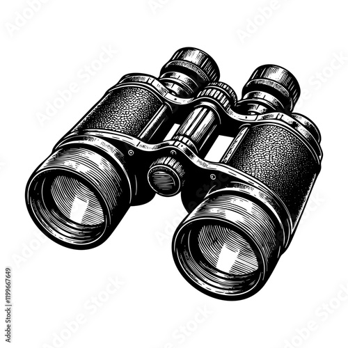 Binocular engraving black and white outline. Scratch board imitation.  illustrated in vintage line art style on a white background.
