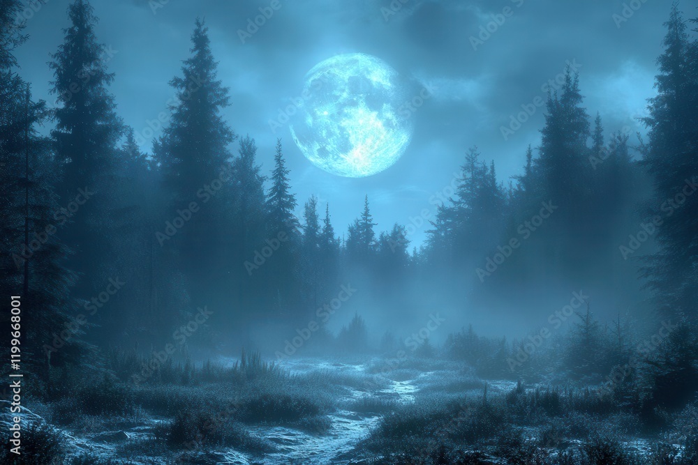 moonlit forest clearing where silver-eyed werewolves prowl through misty ancient trees, their silhouettes casting long shadows across frost-covered ground moonlit forest clearing where silver-eyed werewolves prowl through misty ancient trees, their silhouettes casting long shadows across frost-covered ground