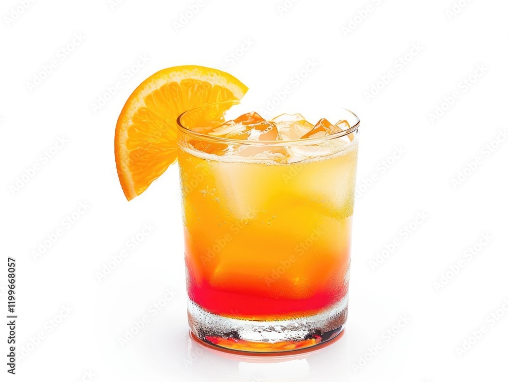 A tall glass of sweet and sour orange fizz cocktail, garnished with a fresh orange slice. A tall glass of sweet and sour orange fizz cocktail, garnished with a fresh orange slice.