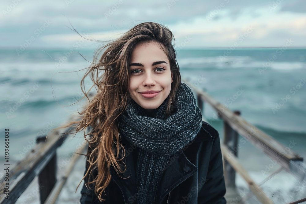 A Woman Walking on a Pier with Ocean Waves made generative AI A Woman Walking on a Pier with Ocean Waves made generative AI