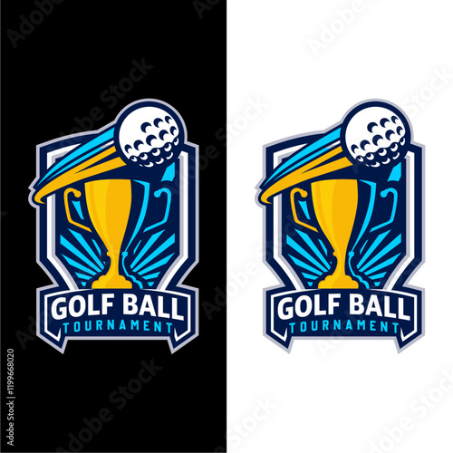 Badge emblem golf club, golf championship logo with golf ball and crossed golf sticks vector