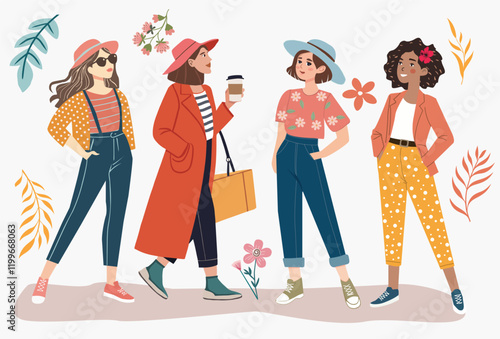 young women in stylish autumn or spring clothes standing together.
