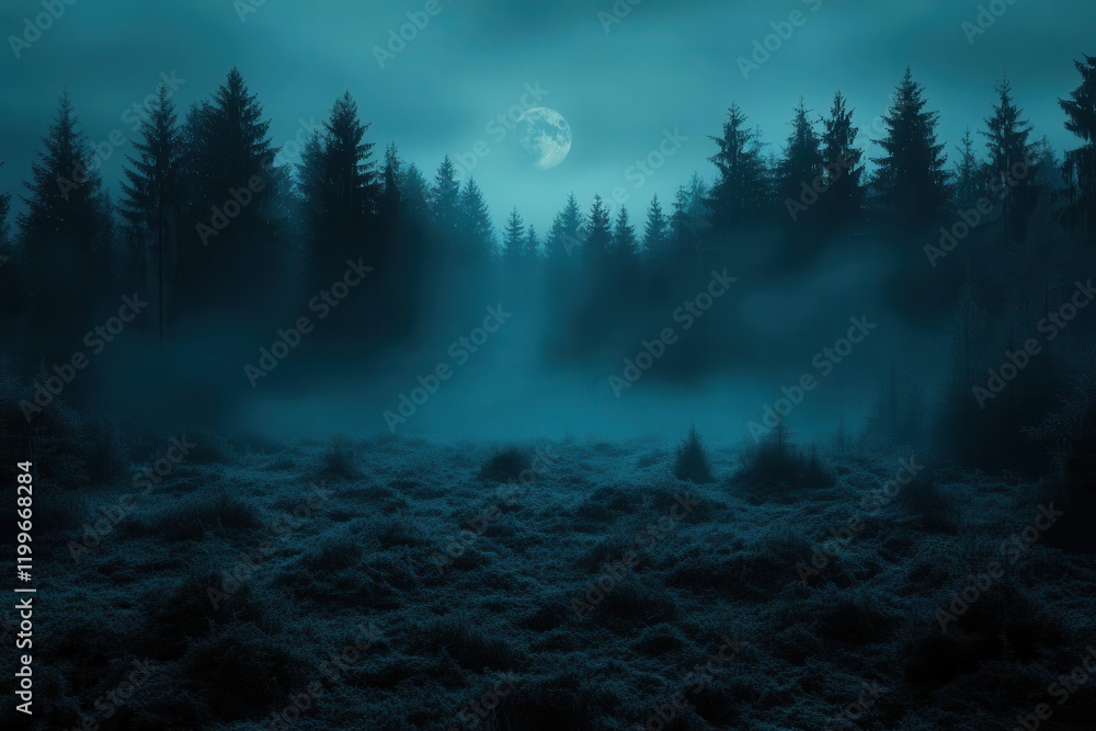 moonlit forest clearing where silver-eyed werewolves prowl through misty ancient trees, their silhouettes casting long shadows across frost-covered ground