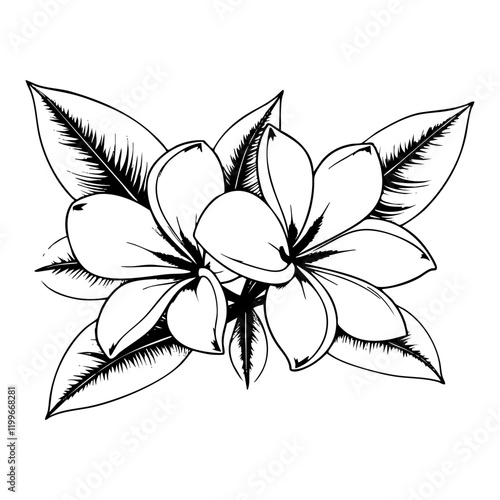 Frangipani flower, engraving black and white outline. Scratch board imitation.  illustrated in vintage line art style on a white background.
