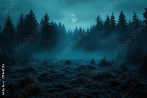 Obraz na płótnie moonlit forest clearing where silver-eyed werewolves prowl through misty ancient trees, their silhouettes casting long shadows across frost-covered ground w salonie
