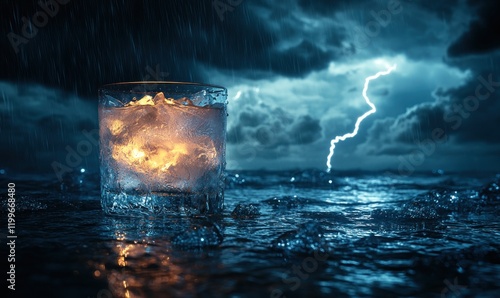 Stormy night, icy drink, glowing ice.