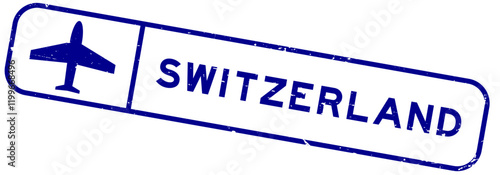 Grunge blue switzerland word with plane icon square rubber seal stamp on white background