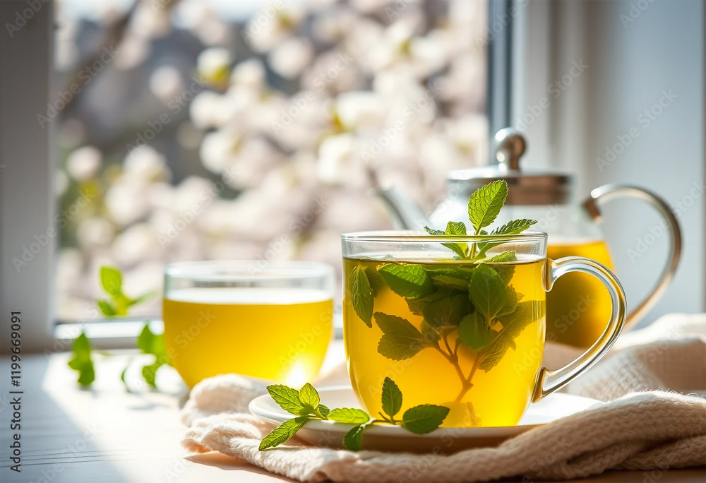 Aromatic mint tea served by the window with blooming trees Aromatic mint tea served by the window with blooming trees
