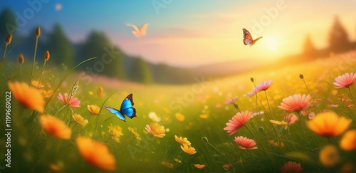 Wallpaper Mural Meadow with flowers and butterflies, close-up, blur. Torontodigital.ca