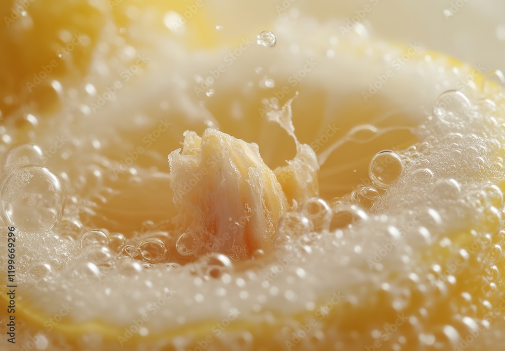 Close-Up of Lemon Slice with Bubbles in Clear Liquid, Showcasing Freshness and Zest in a Refreshing Drink or Culinary Presentation Close-Up of Lemon Slice with Bubbles in Clear Liquid, Showcasing Freshness and Zest in a Refreshing Drink or Culinary Presentation