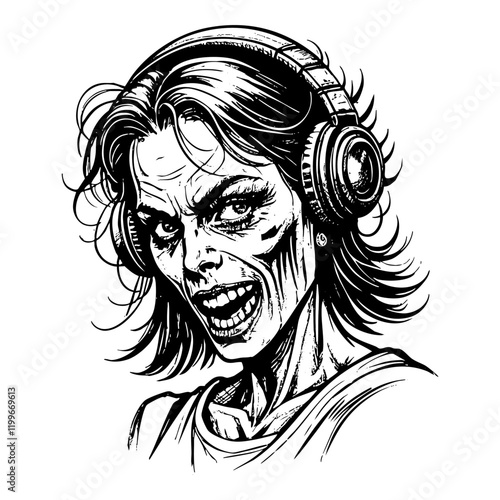 Woman zombie wear headphone engraving black and white outline. Scratch board imitation.  illustrated in vintage line art style on a white background.