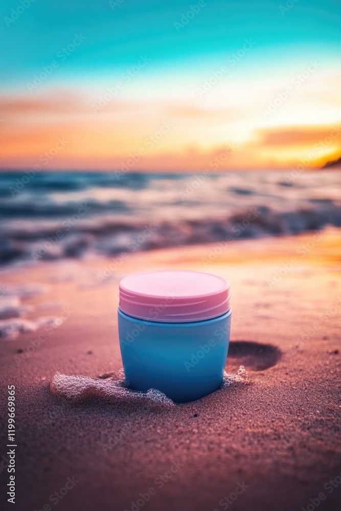 A container of sunscreen resting on a sandy beach during sunset. A container of sunscreen resting on a sandy beach during sunset.