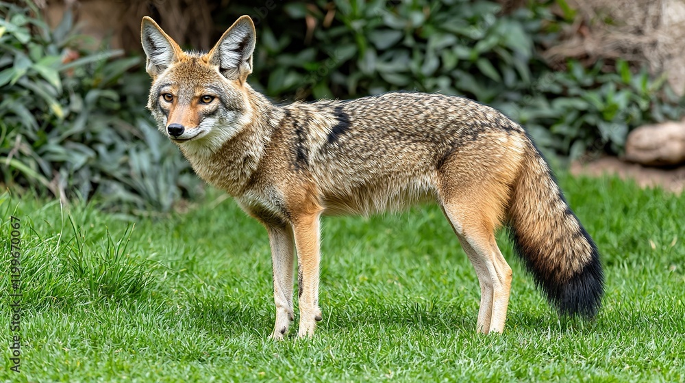 Coyote standing alert in grassy zoo enclosure with foliage backdrop. Coyote standing alert in grassy zoo enclosure with foliage backdrop.