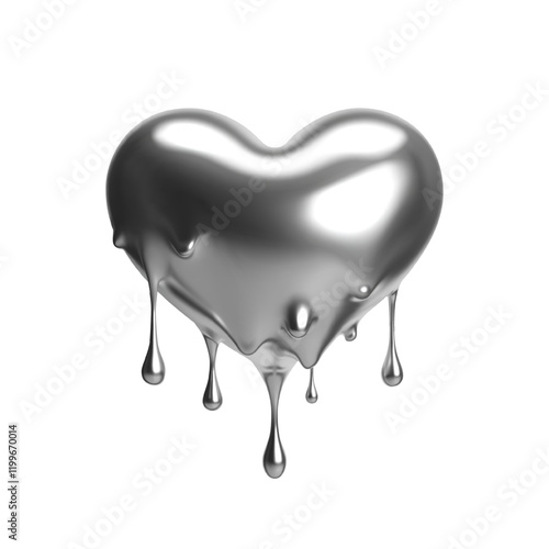 3D chrome glossy heart with silver dripping liquid effect. Isolated vector in retro-futuristic Y2K style for Valentine's Day, love and romantic designs. Ideal for posters, prints and social media