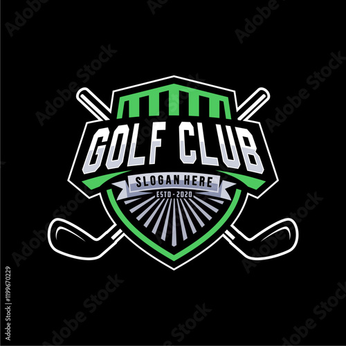 Badge emblem golf club, golf championship logo with golf ball and crossed golf sticks vector