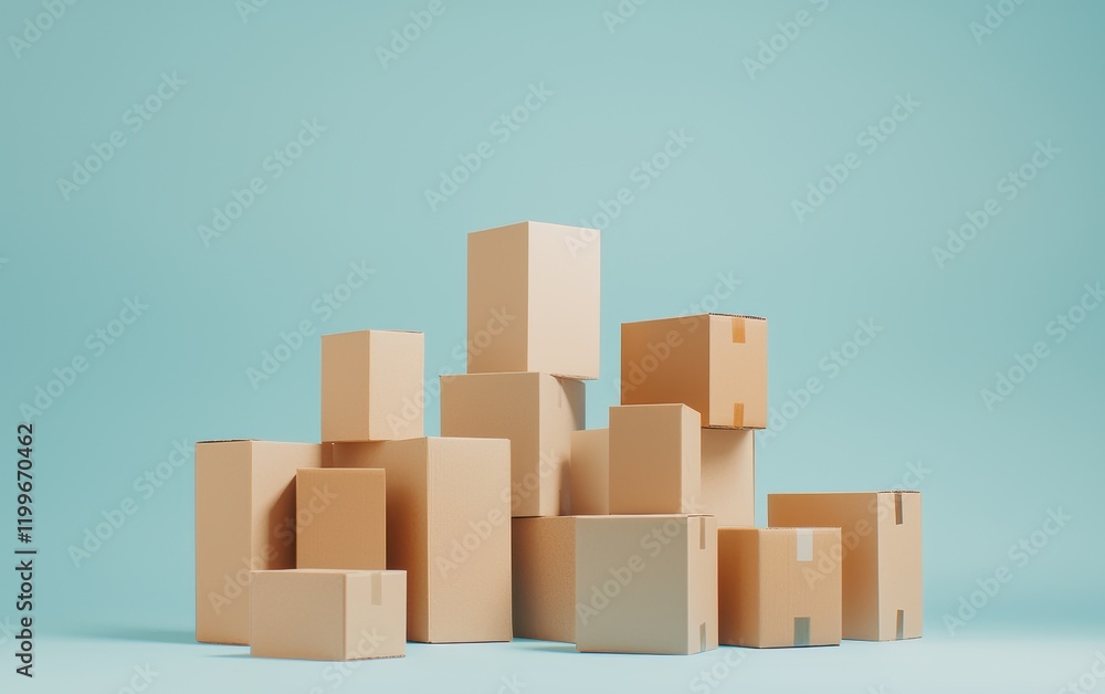 A group of cardboard boxes of varying sizes stacked together, ideal for conveying themes of shipping, e-commerce, or warehouse operations A group of cardboard boxes of varying sizes stacked together, ideal for conveying themes of shipping, e-commerce, or warehouse operations