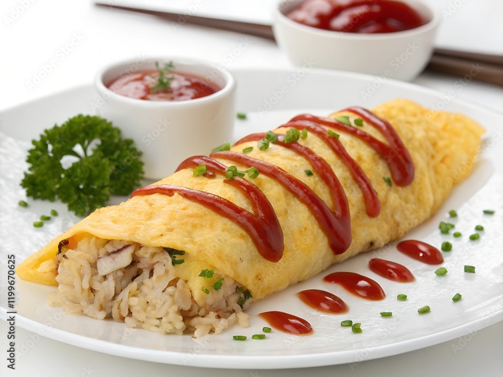 japanese omuraisu fried rice wrapped in a roll, classic serving, isolated on white background japanese omuraisu fried rice wrapped in a roll, classic serving, isolated on white background