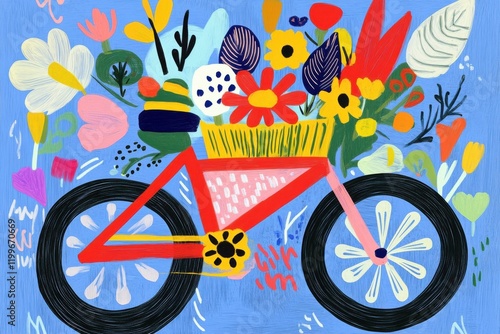Vibrant floral bicycle illustration on blue background with abstract flowers
