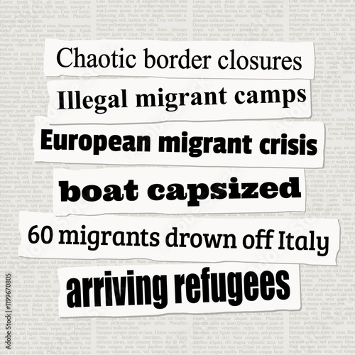 European migrant and refugee crisis. News headlines from newspapers.