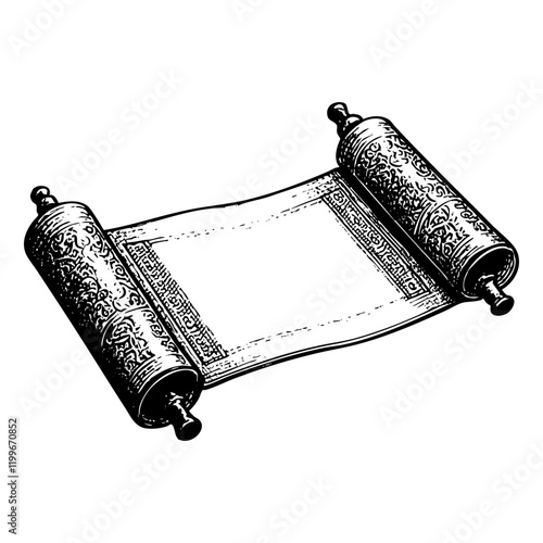 Ancient paper scroll engraving black and white outline. Scratch board imitation.  illustrated in vintage line art style on a white background.
