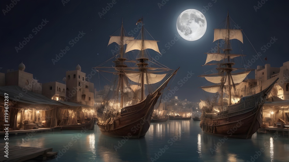 Fototapeta premium Peaceful Night at the Harbor with Reflective Waters