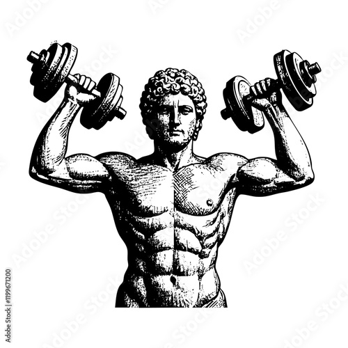 Roman statue holding dumbell sketch engraving black and white outline. Scratch board imitation.  illustrated in vintage line art style on a white background.