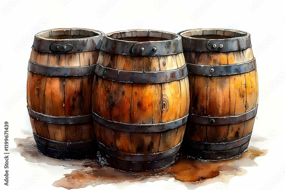 Three aged oak barrels, warehouse floor, spilled liquid, vintage Three aged oak barrels, warehouse floor, spilled liquid, vintage