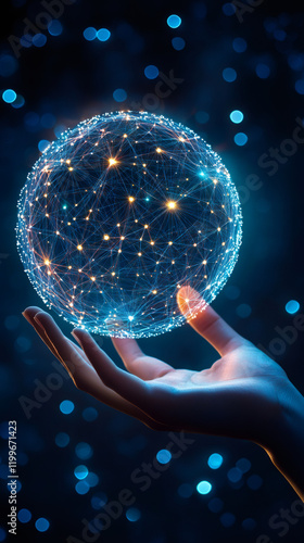 Hand grasping illuminated digital sphere symbolizing worldwide connectivity, tech innovation, and global communication network