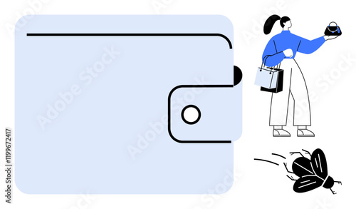 Woman holding shopping bags while contemplating a small wallet. Large empty wallet suggests financial concerns. Ideal for budgeting, spending control, financial planning, debt, savings, consumerism