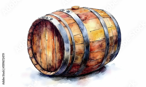 Watercolor oak barrel, aged wine, cellar, vintage photo