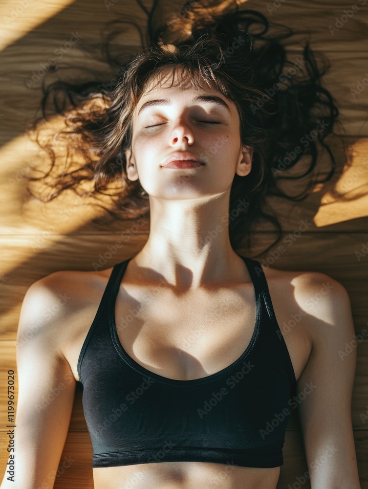 Obraz premium Female athlete wearing a black sports bra, lying down on the floor with hands behind her head and eyes closed, possibly meditating or resting.