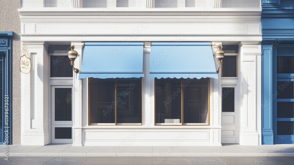 Fototapeta premium A charming urban storefront with blue awnings, located on a busy city street.