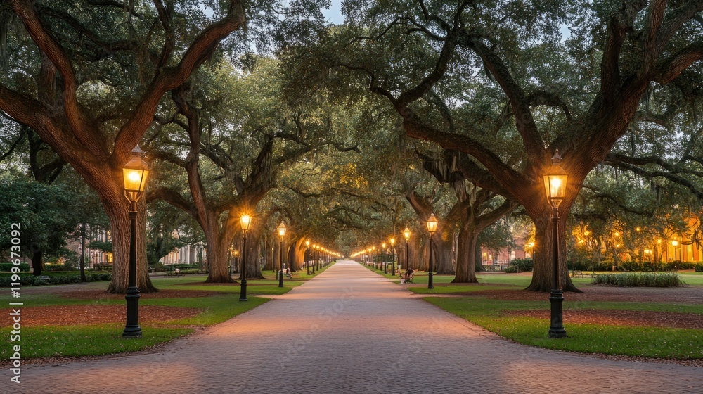 Illuminated Pathway Through Majestic Live Oak Trees Illuminated Pathway Through Majestic Live Oak Trees