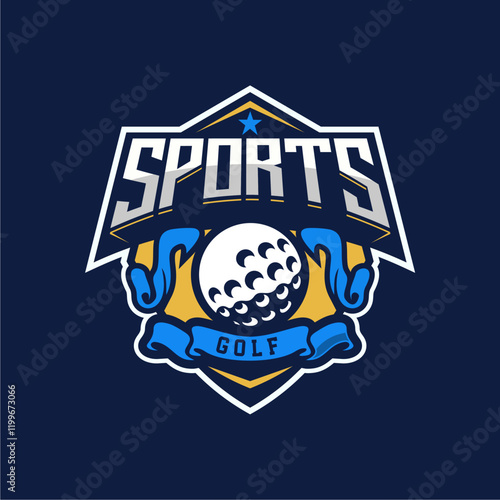 Badge emblem golf club, golf championship logo with golf ball and crossed golf sticks vector