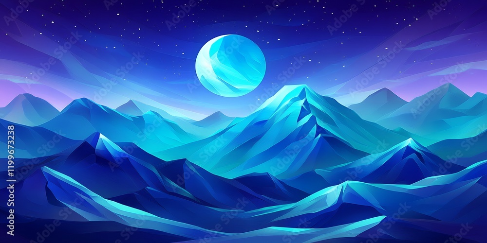 Obraz premium Stunning Low Poly Blue Mountain Range Landscape with Night Sky and Large Moon