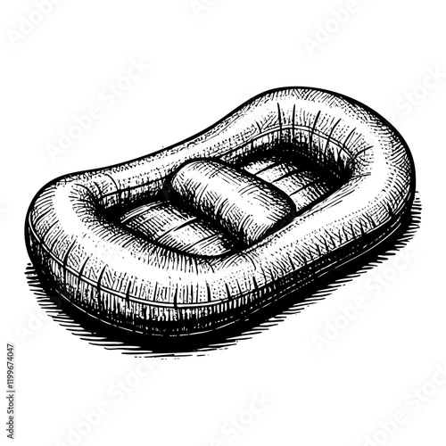 Rubber boat sketch engraving black and white outline. Scratch board imitation.  illustrated in vintage line art style on a white background.
