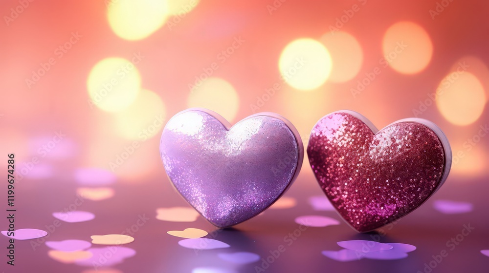 A pink hearts ornament sits on a sparkly surface with a blurred background of pink lights A pink hearts ornament sits on a sparkly surface with a blurred background of pink lights